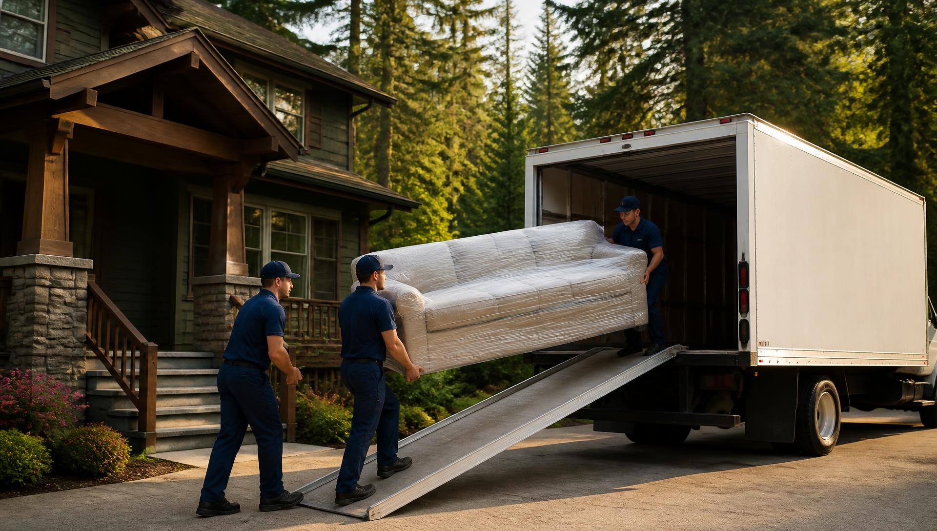 Moving crew loading a wrapped sofa into a moving truck outside a home