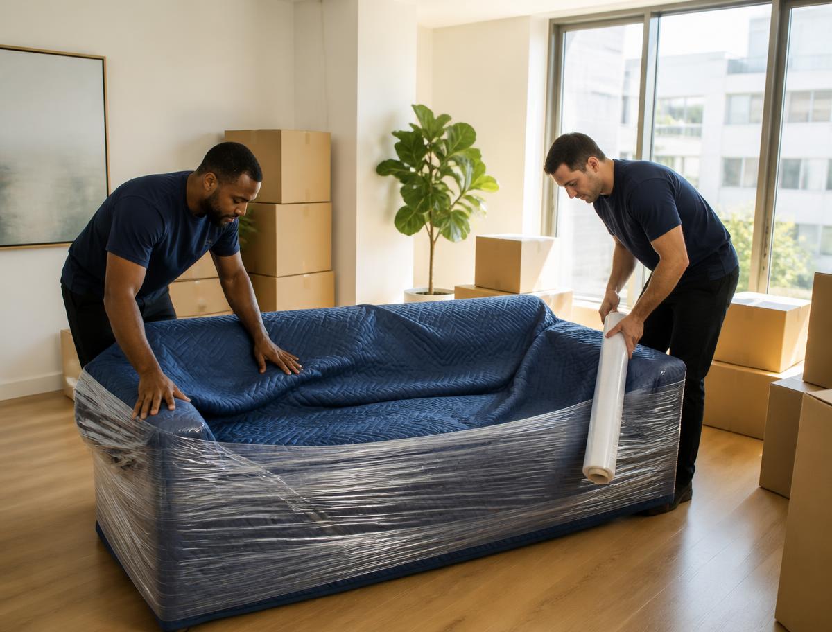 Movers wrapping a sofa in moving blankets and shrink wrap